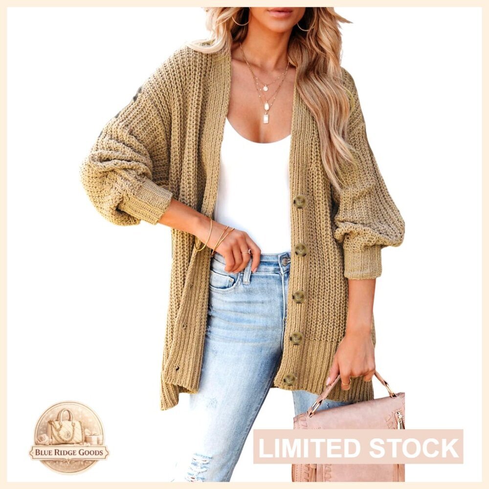 Oversized Long Cardigan Sweater with Button Front and Lantern Sleeves